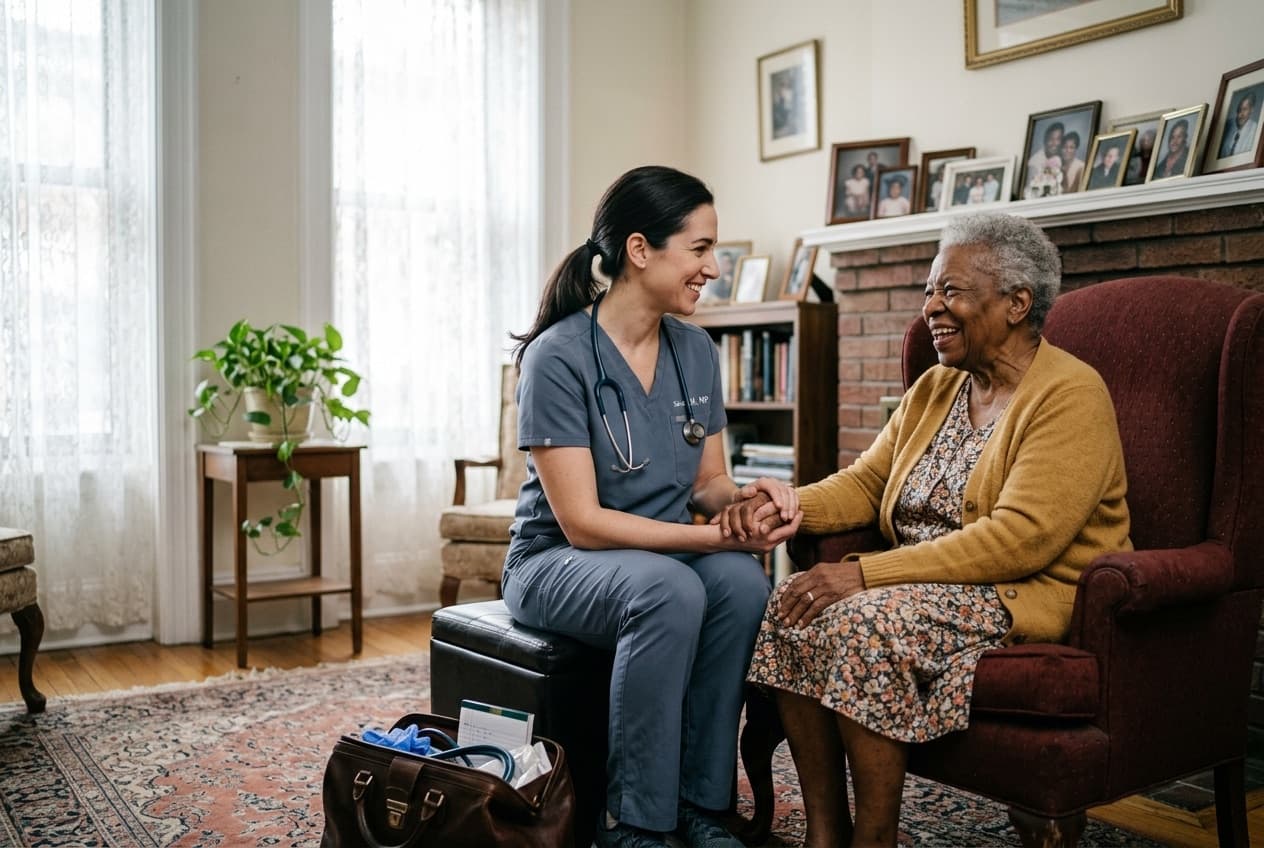 A nurse practitioner holds the hand of a smiling elderly patient during a home visit in her Brooklyn living room
