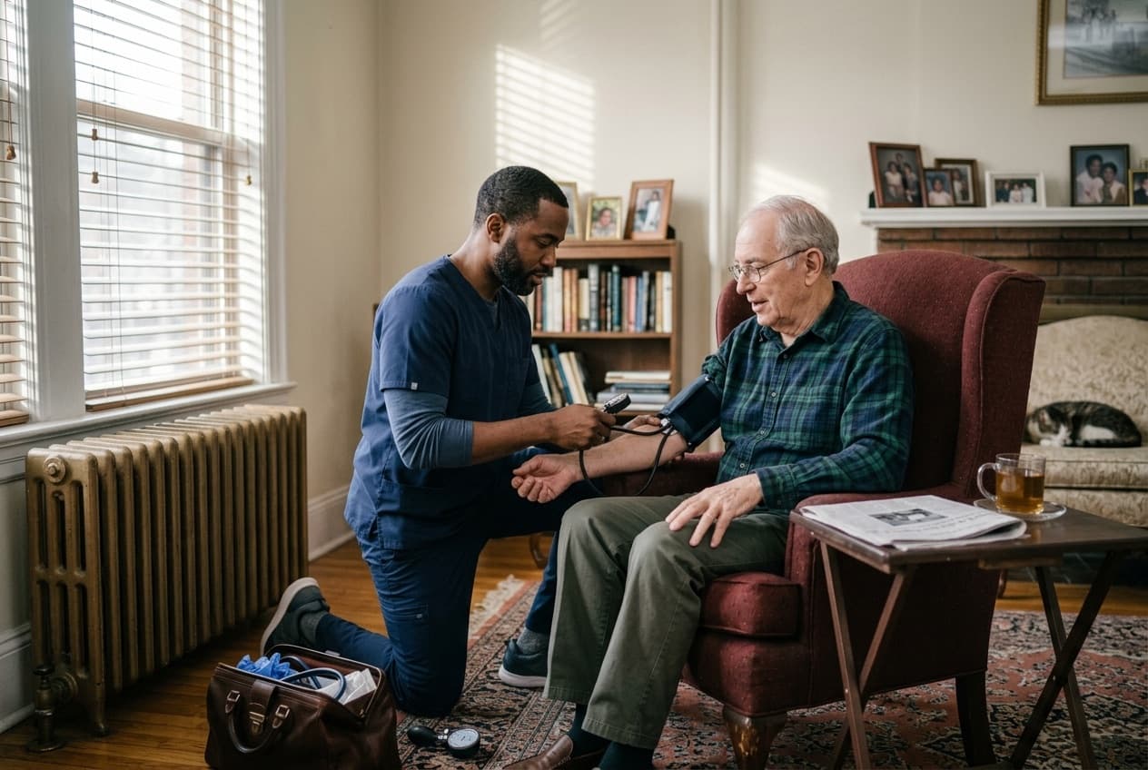 A clinician takes an elderly man's blood pressure in his armchair at home