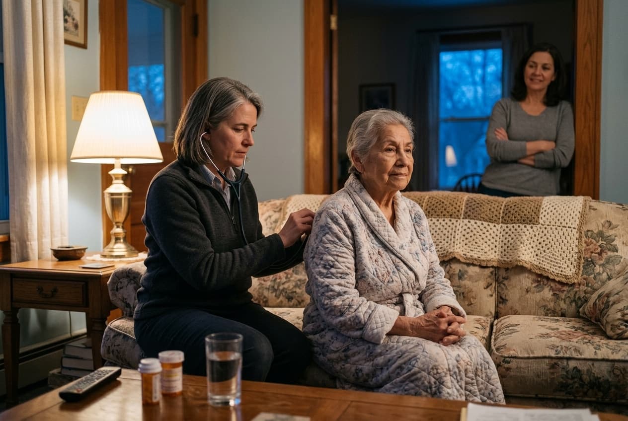A nurse practitioner listens to an elderly woman's breathing on her sofa during a home visit